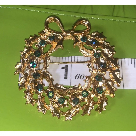 ART BLUE COLOR STONES CHRISTMAS BROOCH GOLD TONE - Picture 4 of 4